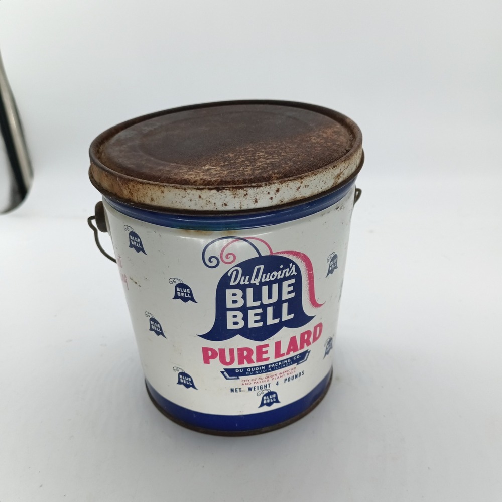 Vintage Du Quoin's Blue Bell Pure Lard 4lb Tin Pail with Lid and Handle a11